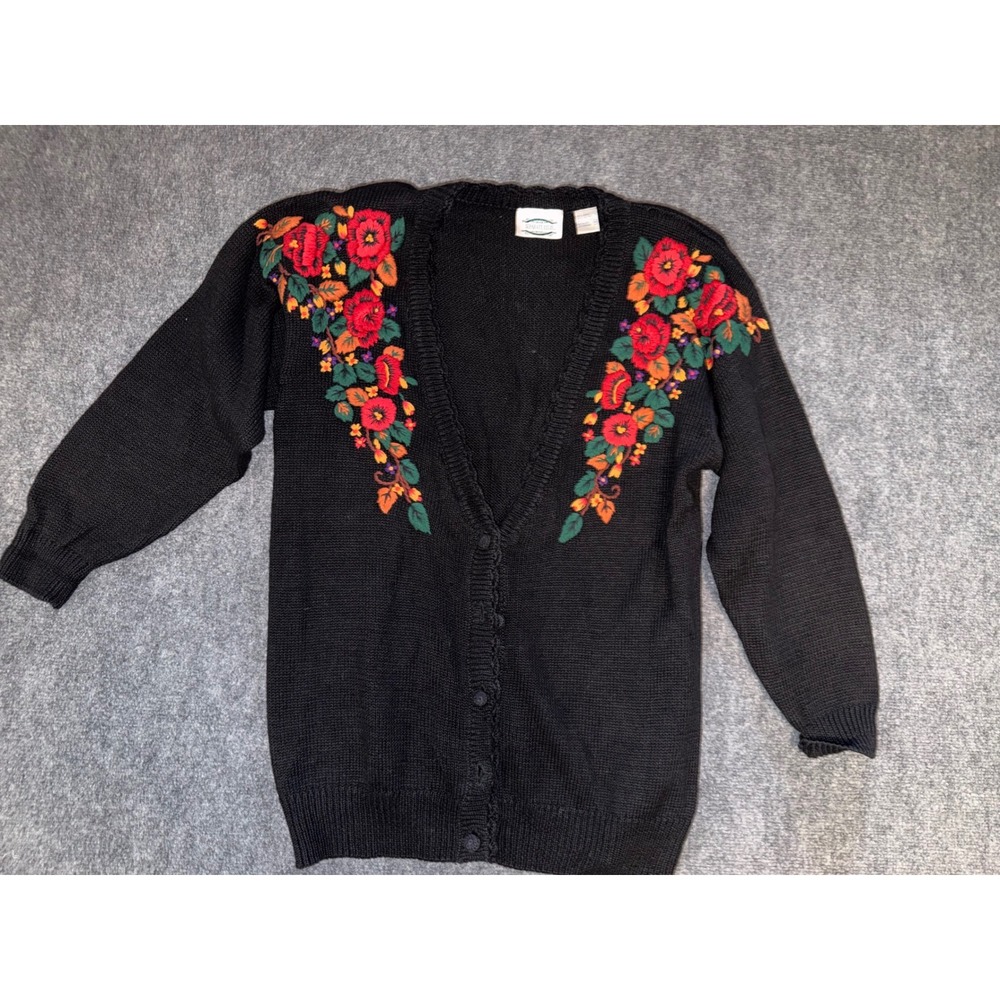Separate Issue Vintage Floral Embroidered Cardigan Sweater Black Knit Womens M
